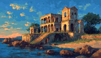 Coastal ruins at sunset