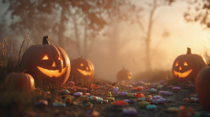 Glowing jack-o-lanterns with Halloween candy in foggy autumn night scene