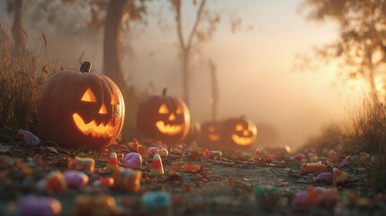 Glowing jack-o-lanterns with Halloween candy in foggy autumn night scene