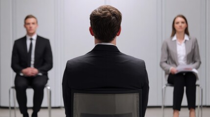 Candidate sitting in front of three HR professionals during panel job interview.