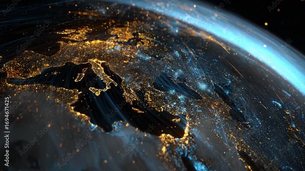 Poster global connectivity: a mesmerizing view of earth at night, showcasing interconnected cities and illu