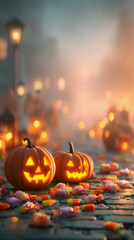 Glowing jack-o-lanterns with Halloween candy in foggy autumn night scene