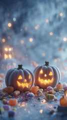 Glowing jack-o-lanterns with Halloween candy in foggy autumn night scene