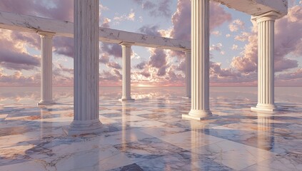 Marble colonnade at sunset over water