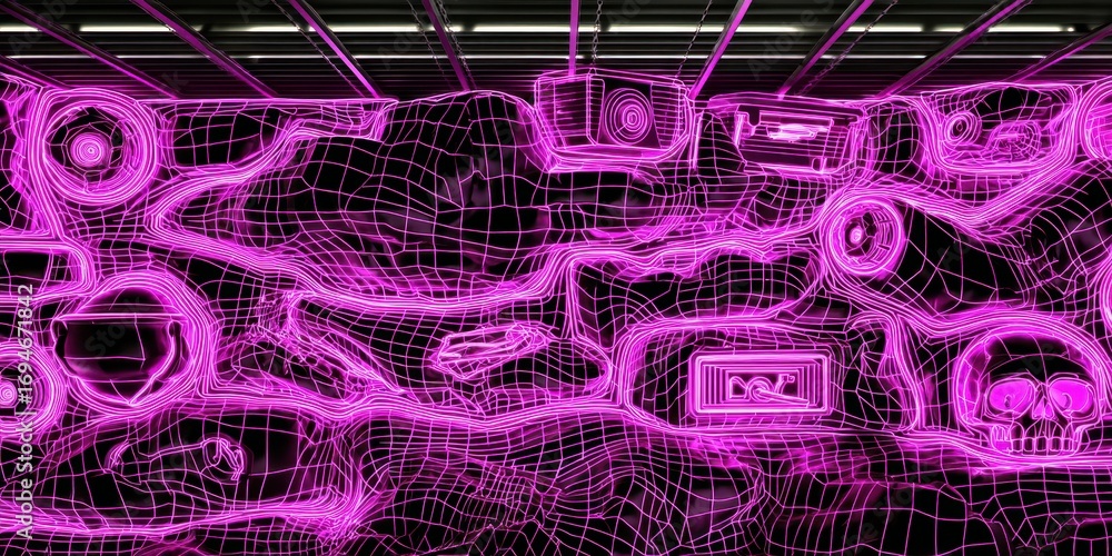 Poster abstract geometric neon concept. 3d wireframe illustration with various objects and shapes.