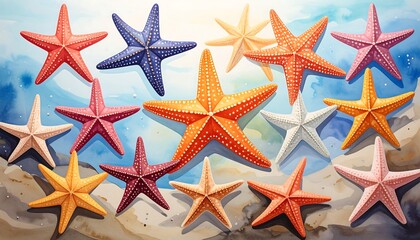 Colorful starfish on a sandy beach scene