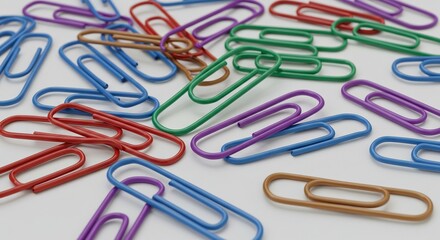 A scattering of colorful paperclips on a white surface
