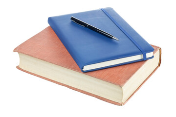 Old vintage book with a modern new blue notebook and pen for study. isolated on white background with clipping path.