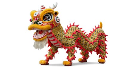 Fototapeta premium A colorful ornate Chinese dragon costume stands on a white background