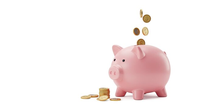 Pink piggy bank with coins dropping into the slot plus a stack of coins on the floor