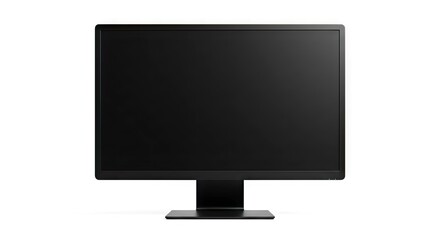 A sleek black monitor is centered on a white background featuring a minimalist design with a square base and slim frame