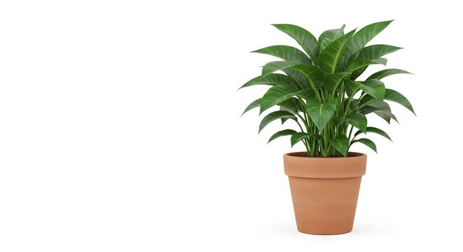 Potted plant with broad green leaves in a terracotta pot against a white backdrop