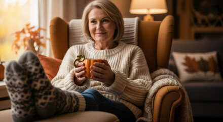 Woman enjoying hot beverage in cozy armchair, autumn season warmth concept. Relaxing at home during fall.