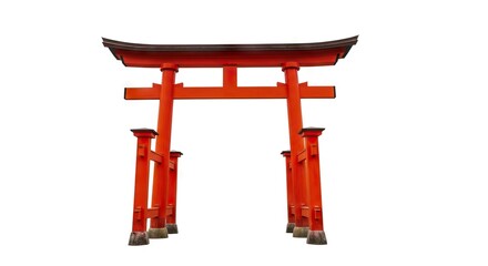 An orange torii gate with a curved top stands on a white background
