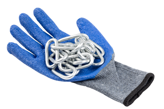 Heavy duty industrial work concept. A strong metal chain held in a protective glove. isolated on white background with clipping path.