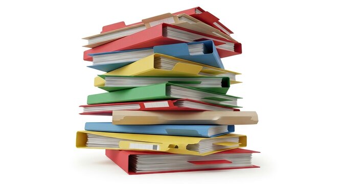 A stack of colorful file folders filled with papers arranged randomly on a white surface