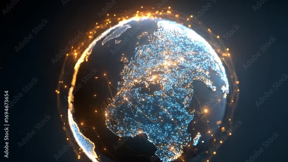 Poster global connectivity: an illuminated digital representation of earth, encircled by a web of interconn