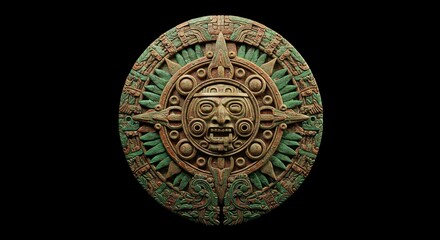 Obraz premium Ancient Aztecstyle stone carving featuring a sun gods face at its center