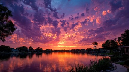 Dramatic sunset over a tranquil lake, vibrant clouds
