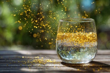 Sparkling gold glitter in a glass