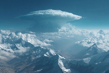 High-altitude view of snow-capped mountains and a massive cloud formation