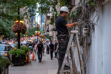 Electrician in hardhat on stepladder repairing electricity on busy evening city street with glowing lamps and many people