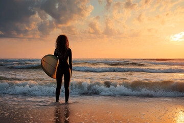 Female surfer standing on the shore of calm sea with surfboard at sunset