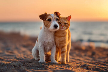 Dog and cat cuddle up together on beach. Friendship concept
