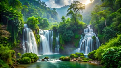 Obraz premium Beautiful Waterfall Scenery Lush Green Forest and Vibrant Nature Photography