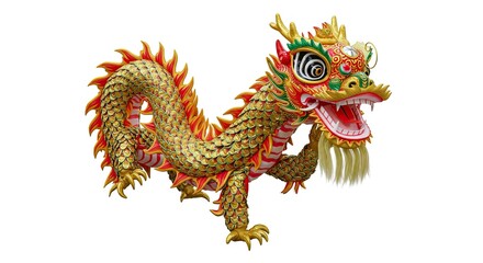 A detailed vibrant golden red and green Chinese dragon statue posed against a white background