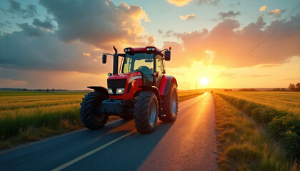 Red tractor drives on quiet country road during sunset. Vibrant colors, natural lighting, fields and sky create picturesque rural landscape. Agriculture machinery, heavy gear.