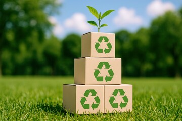 Stacked Recycled Cardboard Boxes with Sprouts Symbolize Eco-Friendly Packaging Solutions, presenting a vision for sustainable commerce and a commitment to environmental responsibility in lush.