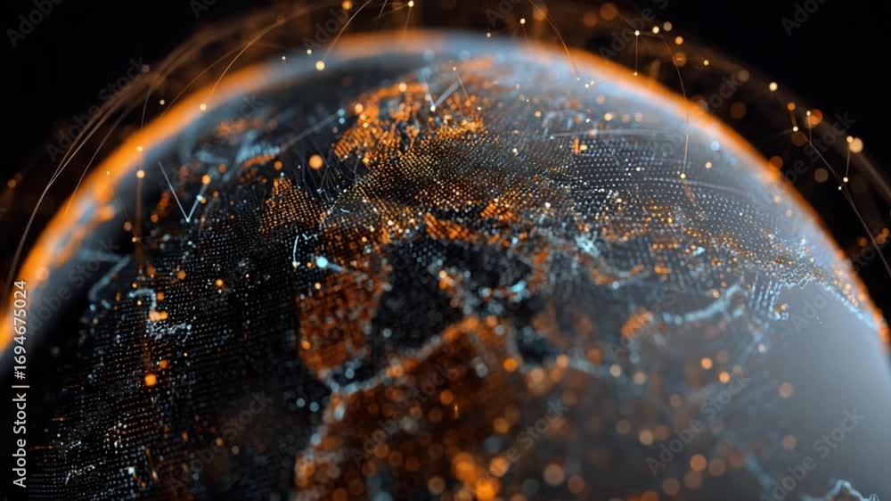 Poster global network visualization: the image presents a stunning, macro view of earth, overlaid with intr