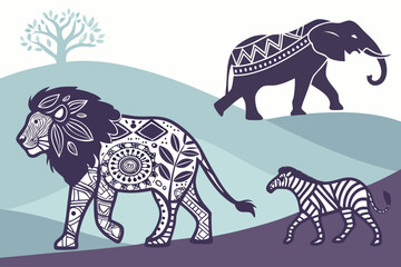 Obraz premium Colorful animal silhouettes with geometric pattern fill