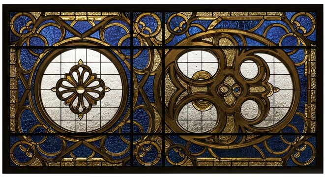 Stainedglass window with circular  intricate goldblue designs Divided by black bars