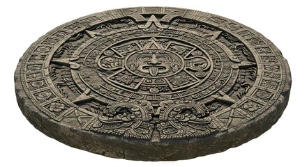 Fototapeta premium Stone Aztec sun calendar with intricate carvings and glyphs circular form detailed texture and aged appearance on a white backdrop
