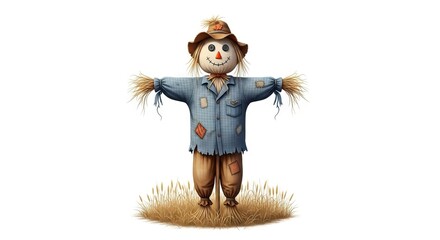 A friendly scarecrow with a hat button eyes stitched smile stands in a field