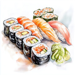 watercolor of a set of sushi, illustration