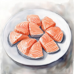 watercolor of a plate of pieces of raw salmon, illustration