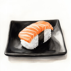 watercolor of a piece of sushi with salmon on top on the black plate, illustration
