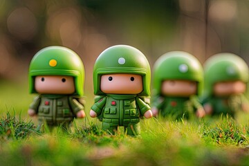 Cute green army figurines in a grassy field