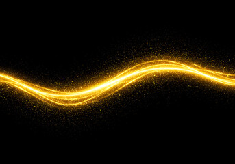 Abstract golden light trail with sparkles isolated on a black background