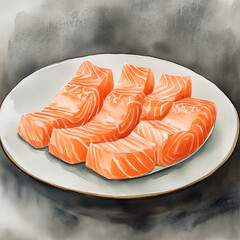watercolor of a plate of pieces of raw salmon, illustration
