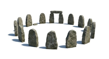 Stone circle stands on a white background some stones inscribed with runes