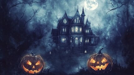 Watercolor Haunted House in a Spooky Forest with Glowing Jack-o-lanterns