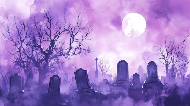 Eerie Purple Halloween Cemetery Scene, Watercolor Banner Background
