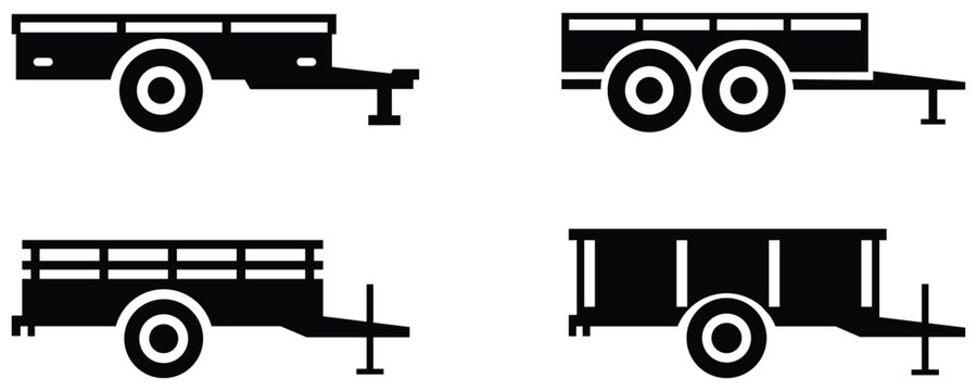 Black and white vector illustration of utility trailers, different types for hauling equipment, trailer and transport icons, automotive and industrial design elements, vehicle vector set