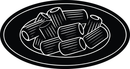  Detailed illustration of rigatoni pasta on a decorative plate in black and white