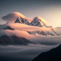 Naklejka premium Majestic snow-capped mountains are enveloped in soft, pink-hued clouds during a serene sunrise.