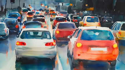 traffic jam in city in watercolor style, illustration